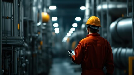 Poster - Worker in hard hat using tablet in industrial setting at night