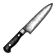 Cooking Knife in Detailed Black and White Outline Line Art Drawing with Vintage Design Style