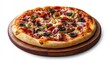 © Pannin - A pizza fresh out of the oven, served on a wooden tray, isolated on a white background