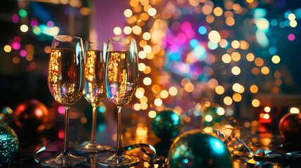 New Year's Eve disco party, vibrant dance floor with colorful lights, music-filled celebration, three glasses of alcohol drinks. 