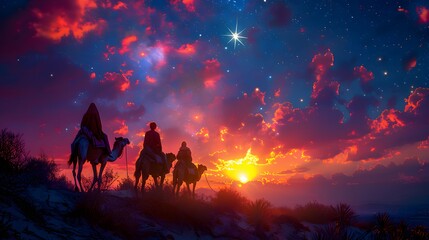  Three astrologers riding camels through a desert, their silhouettes against a sky filled with stars, a bright eastern star guiding them, the soft glow of the moonlight creating a magical atmosphere,