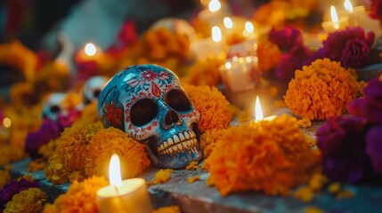 A colorful sugar skull with flowers and candles, a traditional decoration for D?a de Muertos.