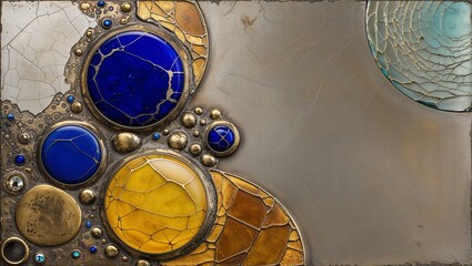 Canvas Print - Abstract art piece with blue, yellow, and gold accents on a gray background.