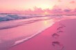 © Vladislav - A pink beach with heart-shaped footprints in the sand, a pink sunset sky, and ocean waves create a beautiful, romantic, and dreamy scene.