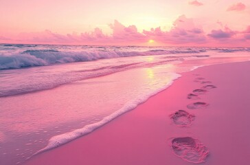 Poster - A pink beach with heart-shaped footprints in the sand, a pink sunset sky, and ocean waves create a beautiful, romantic, and dreamy scene.