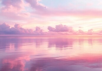 Aufkleber - Beautiful pastel pink sky and water background with sunset reflection, calm sea horizon, dreamy sky clouds. Pink and purple sky, tranquil ocean view, serene nature landscape, peaceful summer day.
