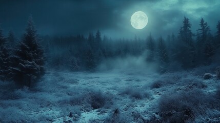 mystical winter landscape under a full moon, with snow-covered trees and a misty field, creating an 