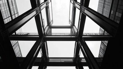 Perspective view of modern architectural structure with geometric lines and shapes in black and white, emphasizing symmetry and design.