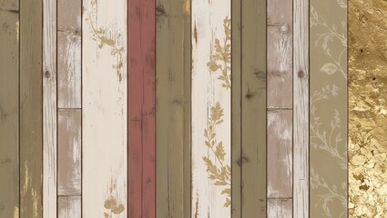 Canvas Print - Rustic wood paneling with a vintage feel, featuring various shades of brown, beige, and gold,  with floral accents