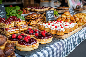 A Traditional English Pastry Stall, Showcasing Freshly Baked Scones And Pies, With Jam And Clotted Cream Elegantly Arranged Nearby