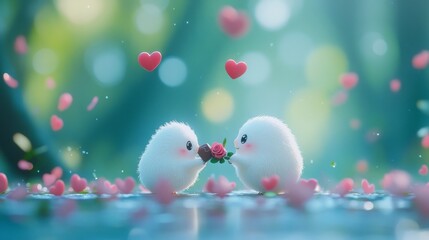 Two fluffy creatures exchanging a rose and a chocolate in a magical forest setting.