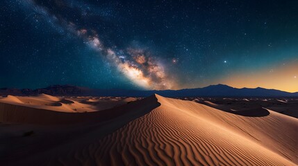 Wall Mural - Lanscape view of the desert with stars and milky way galaxy over the night sky. 