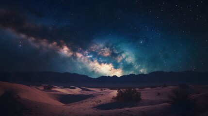 Wall Mural - Lanscape view of the desert with stars and milky way galaxy over the night sky. 