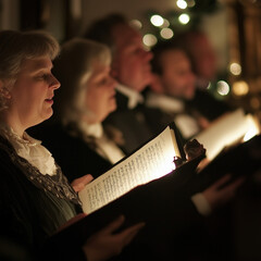 Wall Mural - intimate scene of a Christmas choir practicing in a cozy living room, with family members gathered around, adorned with holiday decorations and soft lighting creating a warm atmosphere