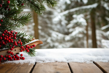 Inviting Wallpaper Depicting A Vintage Wooden Sled Leaning Against A Snow-Dusted Fence, Adorned With Evergreen Branches And Red Berries, Set Against A Backdrop Of A Snowy Forest