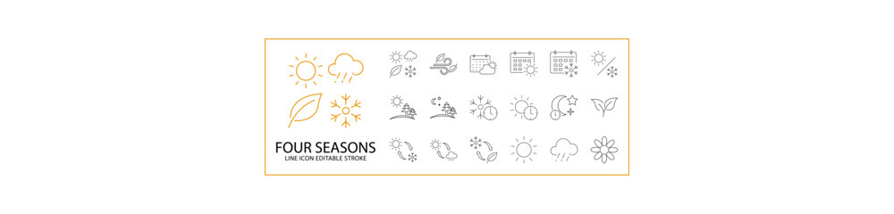 four season icons in line style. containing summer, leaf, winter, weather, nature, autumn, spring, s