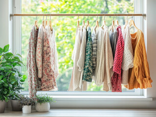 Minimalist Boutique Background Showcasing A Clean White Wall Adorned With Hanging Racks Displaying Fashionable Garments, Accented With Subtle D??Cor For An Upscale Vibe