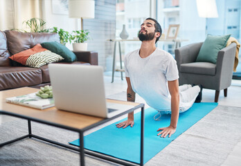 Canvas Print - Cobra stretch, man and meditation for yoga, mindfulness exercise and zen in online class on laptop at home. Flexible, yogi and person with peace, calm and holistic wellness for body health or fitness