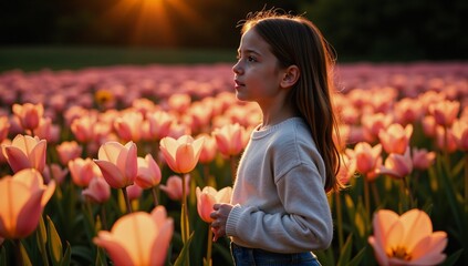 A magical girl stands amidst glowing flowers as dusk falls