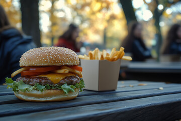 Young people enjoying delicious food and autumn vibes at an outdoor cafe