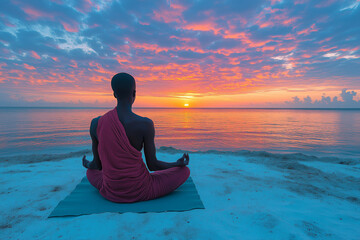 A serene sunset meditation by the tranquil beach as the sun dips below the horizon casting vibrant colors in the sky