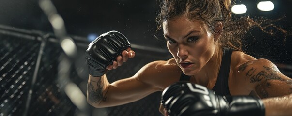 Female fighter in a boxing ring.