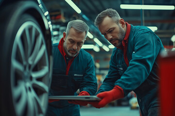 Poster - Mechanics inspect wheel bearings in a busy auto shop during daytime