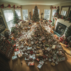 Wall Mural - wide-angle shot of a family excitedly unwrapping a mountain of Christmas gifts, with expressions of joy and surprise, surrounded by holiday decorations and a fireplace