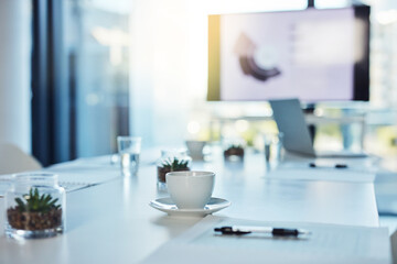 Poster - Boardroom, office and documents with screen or interior of modern conference at workplace. Empty, space and paperwork with table, monitor or technology display for workshop, meeting or presentation