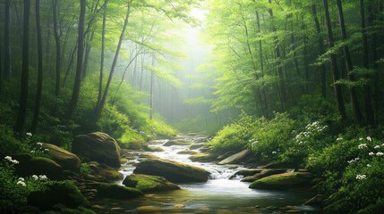 Poster - Tranquil Stream Flowing Through a Misty Forest