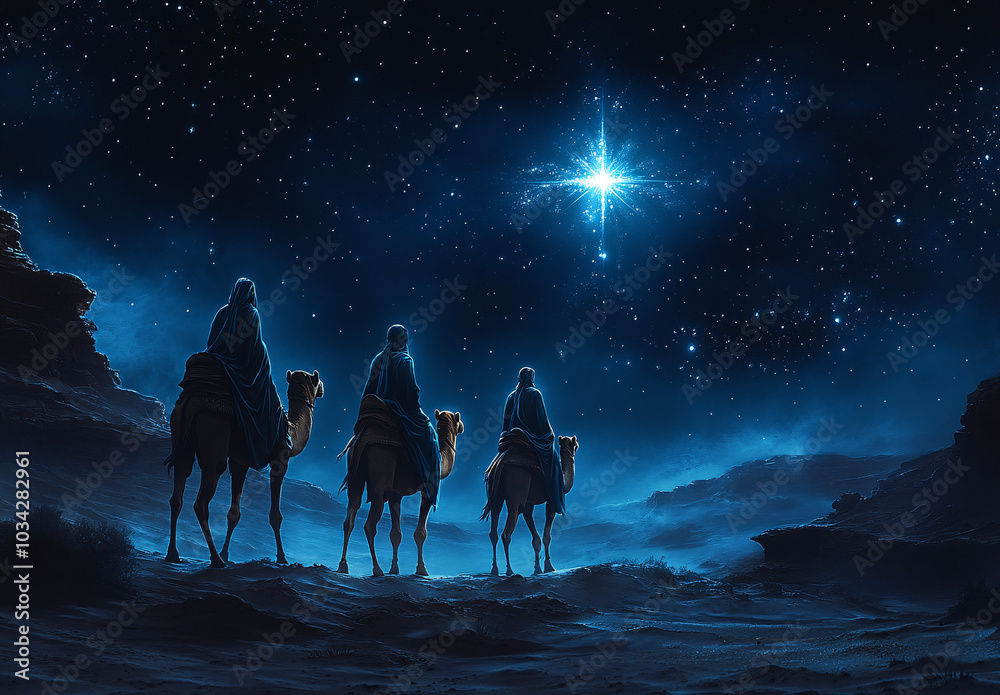 Silhouettes of three wise men riding camels in the desert at nighttime ...
