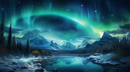a beautiful display of northern lights over a snow-covered valley