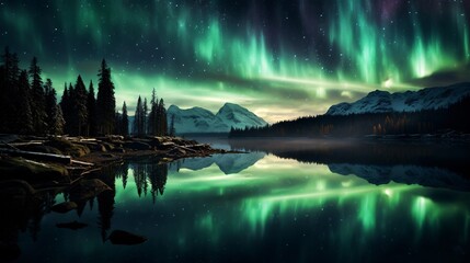 a peaceful scene of northern lights reflected in a still pond