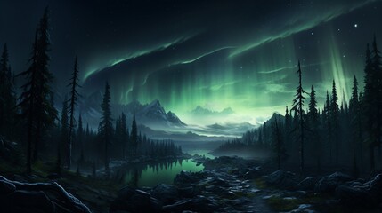 a panoramic view of northern lights over a forested region