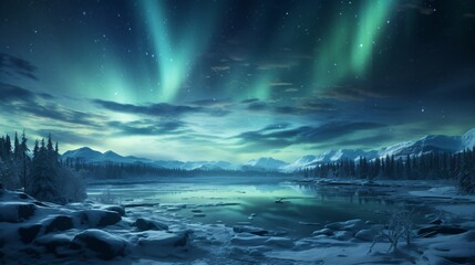 Wall Mural - a beautiful view of northern lights over a snow-covered field