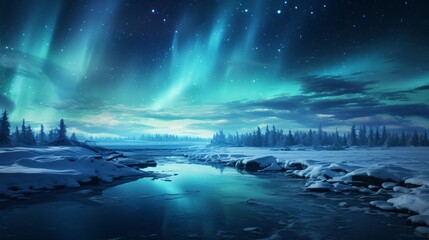 Wall Mural - a beautiful view of northern lights over a snow-covered field