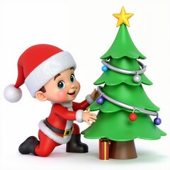 Cartoon baby dressed as Santa decorating a Christmas tree with excitement. Concept of holiday joy, festive traditions, and Christmas fun.
