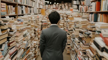 Poster - Man Walking Through A Maze Of Books In A Library