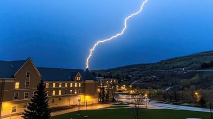 a captivating thunderstorm illuminates the cityscape at night, with lightning striking against a tra
