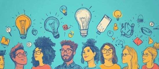 Wall Mural - diverse group of people with lightbulbs representing ideas above their heads.