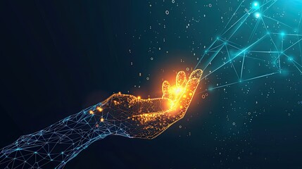 Abstract Digital Human Hand Touching on Glowing Dot. Low Poly Illustration on Dark Blue Technological Background. Light Wireframe Connection Structure
