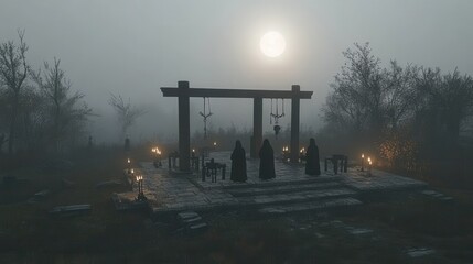 Dark Occult Ritual Gathering of Hooded Witches Illuminated by Flickering Candlelight