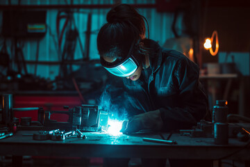 Female welder in a workshop working with metal in the glow of a welding machine.