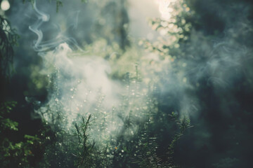 Wall Mural - in the early morning, a serene forest is shrouded in mist, with soft light filtering through the tre