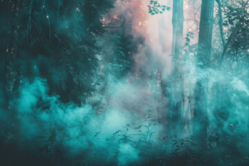 Wall Mural - a thick, turquoise mist obscures parts of a serene forest during early morning hours, adding an ench