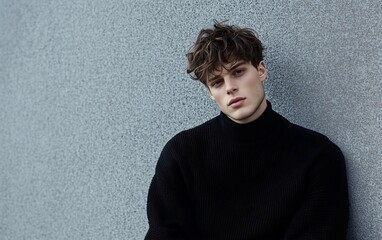 A young man with curly hair poses against a textured gray wall, wearing a black turtleneck sweater, conveying a modern and stylish look.