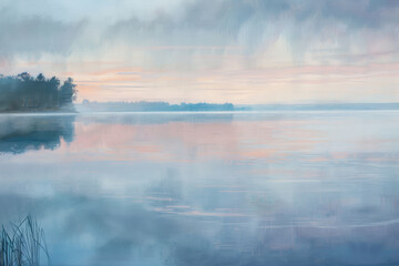 Wall Mural - The tranquil lake is shrouded in morning mist, reflecting soft pink and blue hues as dawn breaks, creating a peaceful and serene atmosphere near the shoreline