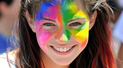 Vibrant smiling woman with colorful face paint at outdoor festival