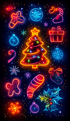 Wall Mural - Neon Christmas decor on dark backdrop. Colorful neon decorations featuring a Christmas tree, ornaments, and festive shapes create a vibrant holiday display.