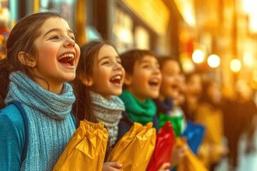 Joyful group of children with colorful gift bags in urban setting during golden hour